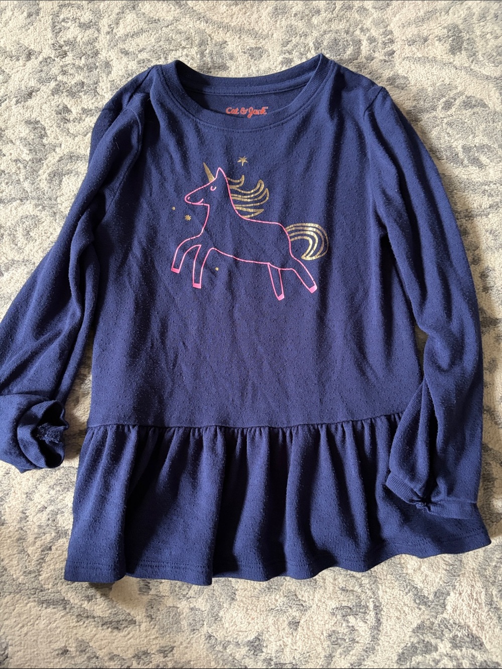 Cat & Jack Navy Long-Sleeve Unicorn Peplum Top with Pink & Gold Accents